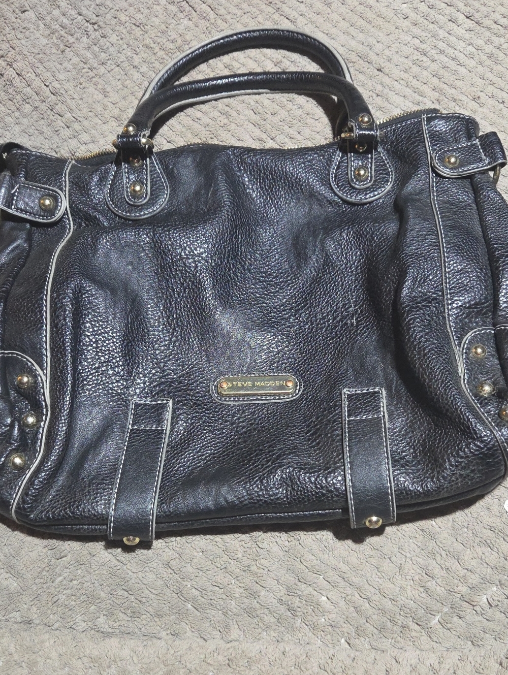 Steve Madden Black Pebbled Leather Satchel with Gold Accents